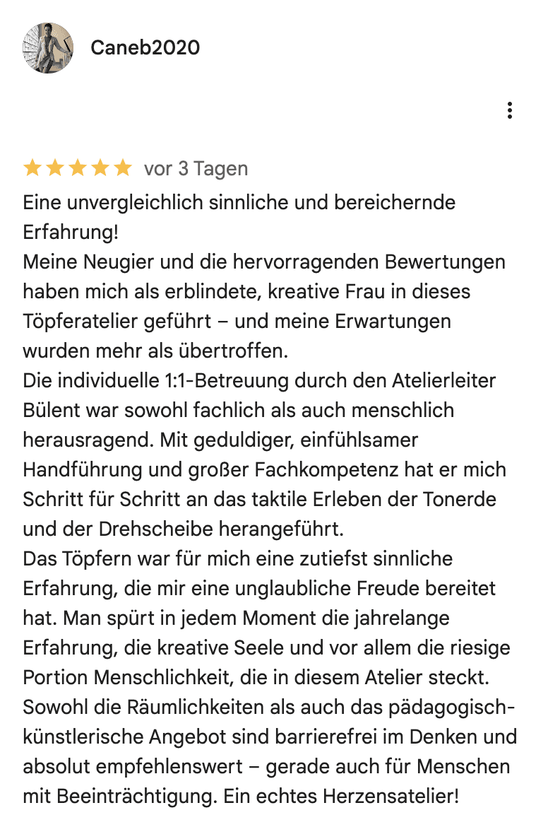 Fünf-Sterne-Bewertung von Caneb2020 über die einfühlsame 1:1-Betreuung beim Töpfern als erblindete Frau.